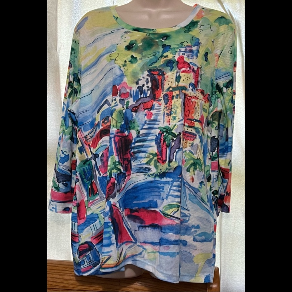 Christopher & Banks Multi Water Color 3/4 Sleeve Blouse - Picture 1 of 5